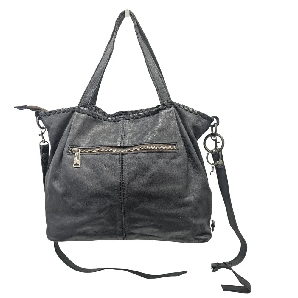 Patricia Nash Black Leather Whipstitch Satchel Crossbody Bag with Feather Charm